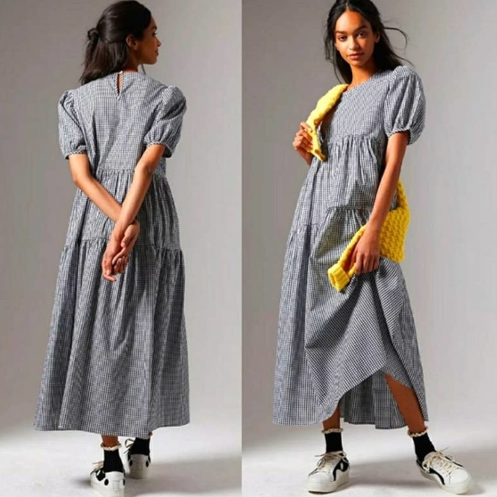 Anthropologie Eri + Ali Evaline Gingham Puff Sleeve Maxi Dress Black White M - Picture 6 of 6